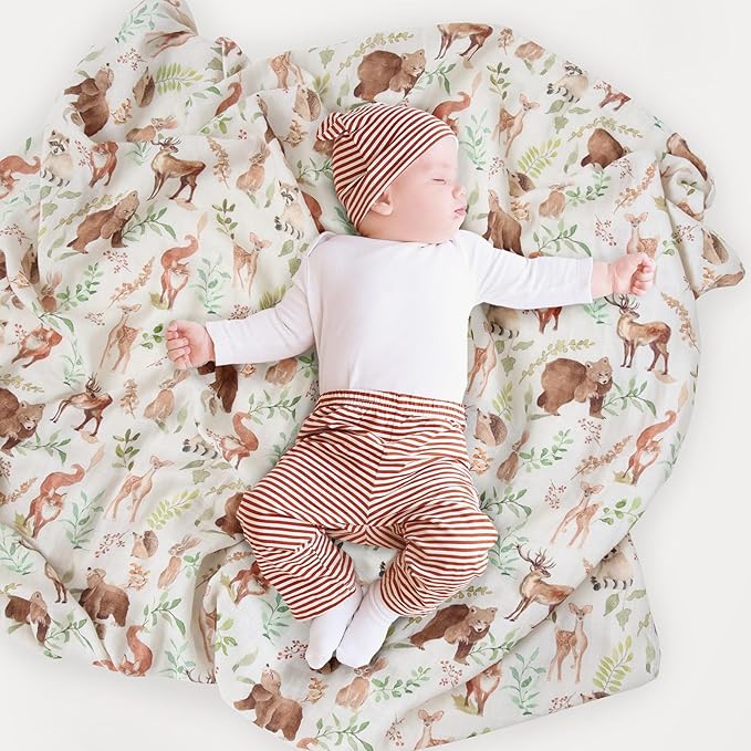 LifeTree Baby Swaddle Blankets, Muslin Swaddle Blankets Boys Girls Swaddling Wrap Receiving Blanket for Newborn, 70% Viscose Bamboo and 30% Cotton, Large 47" x 47", Woodland Pattern