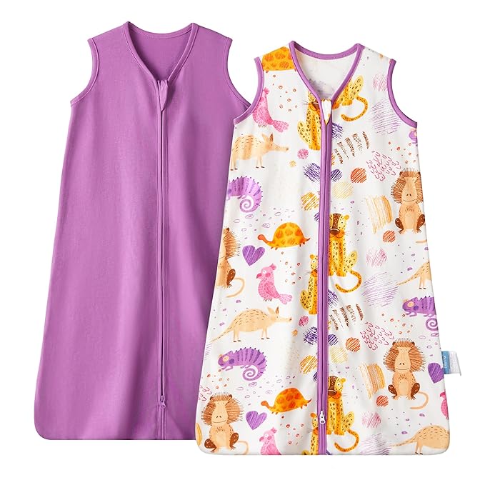 TILLYOU 2 Pack Baby Sleep Sack 6-12 Months 100% Cotton Wearable Blanket 0.5 TOG Sleeveless Summer Sleep Sacks with 2-Way Zipper, Animal Graffiti & Purple