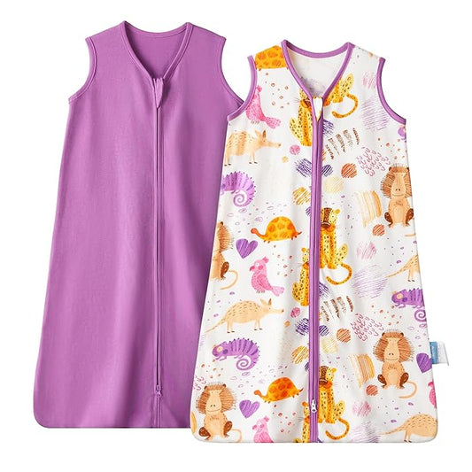 TILLYOU 2 Pack Baby Sleep Sack 6-12 Months 100% Cotton Wearable Blanket 0.5 TOG Sleeveless Summer Sleep Sacks with 2-Way Zipper, Animal Graffiti & Purple