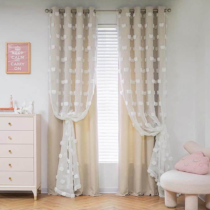 MYSKY HOME Kids Curtains for Girls Bedroom Double Layer Curtain for Daughter Room 84 Inches Long Pom Pom Sheer Drapes Beige Curtains for Living Room Grommet Room Darkening Panels W52 X L84