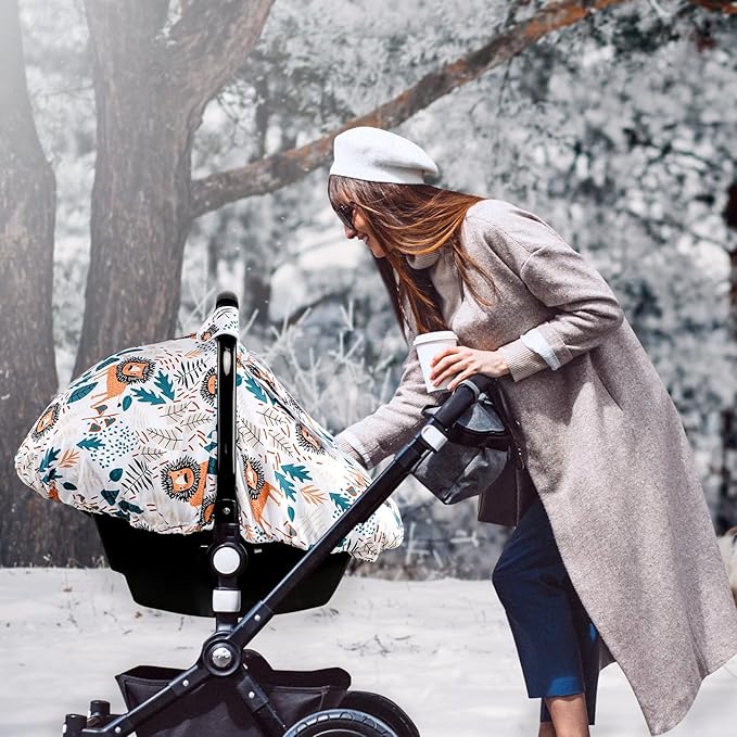 Baby Car Seat Cover, Winter Car Seat Covers for Babies, Carseat Cover Boy, Mink Carseat Canopy with Window, Cozy & Warm Cover, Lion