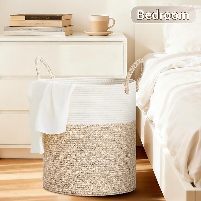 Tall Laundry Basket with Handles, 88L Portable Dirty Clothes Hamper, Boho Cotton Rope Storage Bin for Blankets Kids Toys Gifts, Large Organizer for Baby Nursery Bedroom Bathroom, New Brown