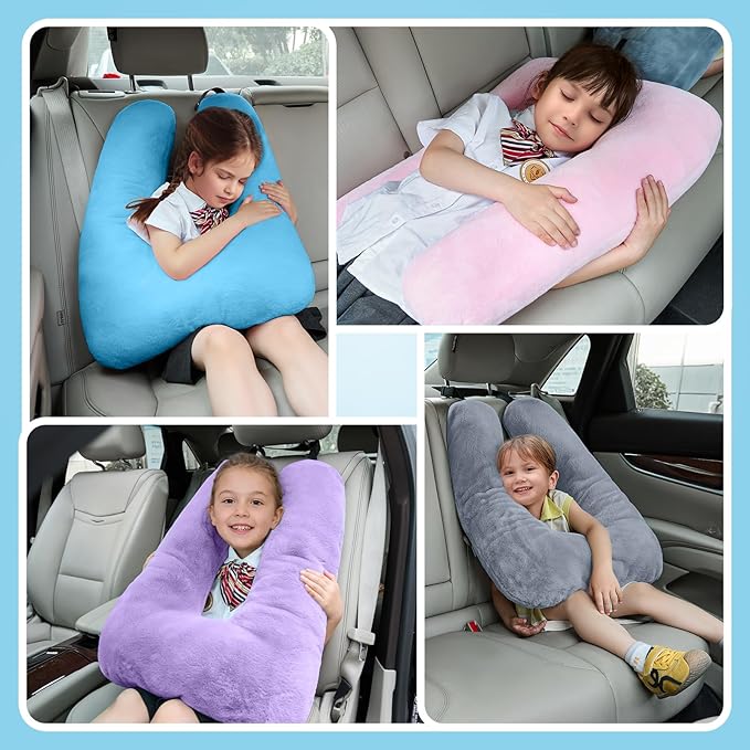 Travel Pillow, Car Pillow for Kids, Car Seat Pillow for Adults, Travel Pillow for Kids with Adjustable Strap, Support Head and Neck on Road Trips, Long Car Ride Essentials, Purple
