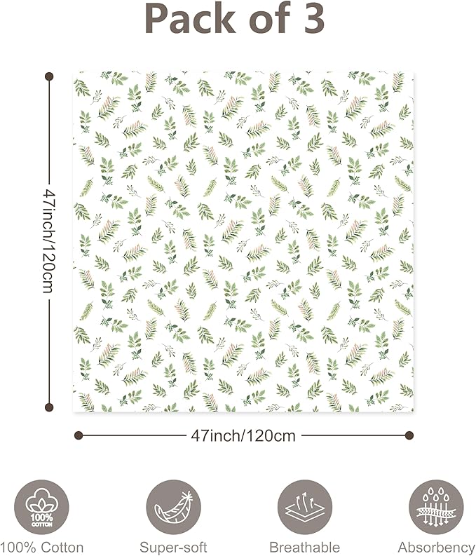 3-Pack 100% Cotton Muslin Swaddle Blankets, Large 47 x 47 Inches — Breathable Soft Receiving Blankets for Newborns, Swaddling Wraps, Registry Gift (Leafy Green Nature)