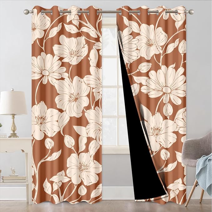 Floral Blackout Curtains for Bedroom and Living Room, Patterned Vintage Brown Bedroom Curtains 84 Inch Length 2 Panels Set, Grommet Thermal Room Darkening Drapes Soundproof and Maintain Privacy