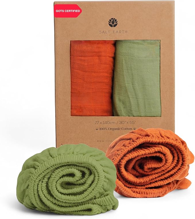 Salt Earth 100% Organic Cotton Muslin Standard Fitted Crib Sheet, 52"x28", 2 Pack Soft Breathable Natural Cotton Sheets Baby Mattress Bed Sheets, No Slip Baby Christmas Crib Sheets (Green & Rust)