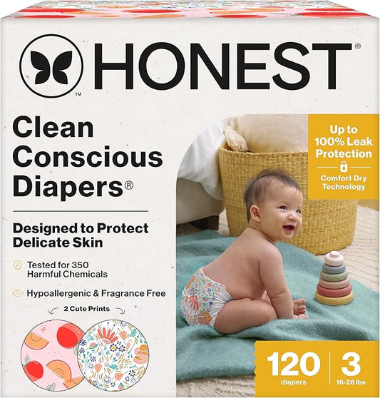 The Honest Company Comfort Dry Disposable Diapers for Sensitive Skin, Hypoallergenic, Just Peachy + Flower Power, Super Club Box Size 3 (16–28 lbs) 120 Count