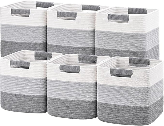 11 Inch Storage Cubes, 6 Pack Cube Storage Bins for Organizing, Cotton Rope Woven Baskets for Shelves, Bathroom, Kids Room, Closets, Baby Nursery