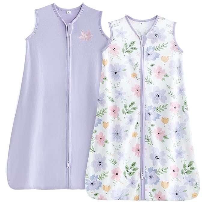 TILLYOU 2 Pack Baby Sleep Sack 6-12 Months 100% Cotton Wearable Blanket 0.5 TOG Sleeveless Summer Sleep Sacks with 2-Way Zipper, Brilliant Little Flowers and Purple