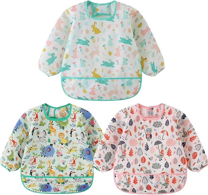 HaimoBurg 3 Pcs Waterproof Long Sleeves Baby Bibs Weaning Smock Bib 3-24 Months