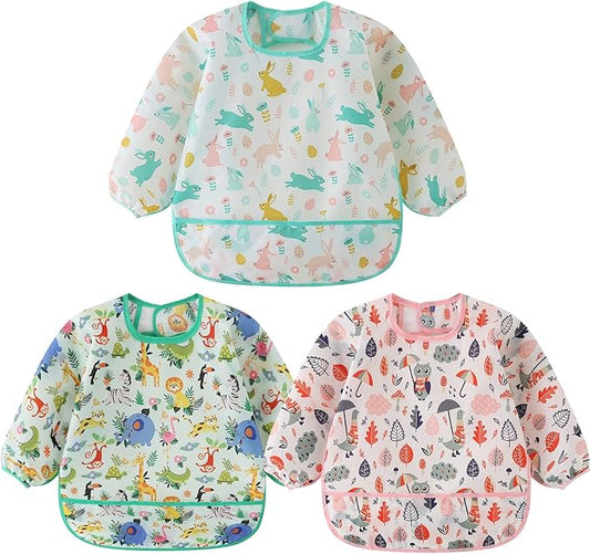 HaimoBurg 3 Pcs Waterproof Long Sleeves Baby Bibs Weaning Smock Bib 3-24 Months