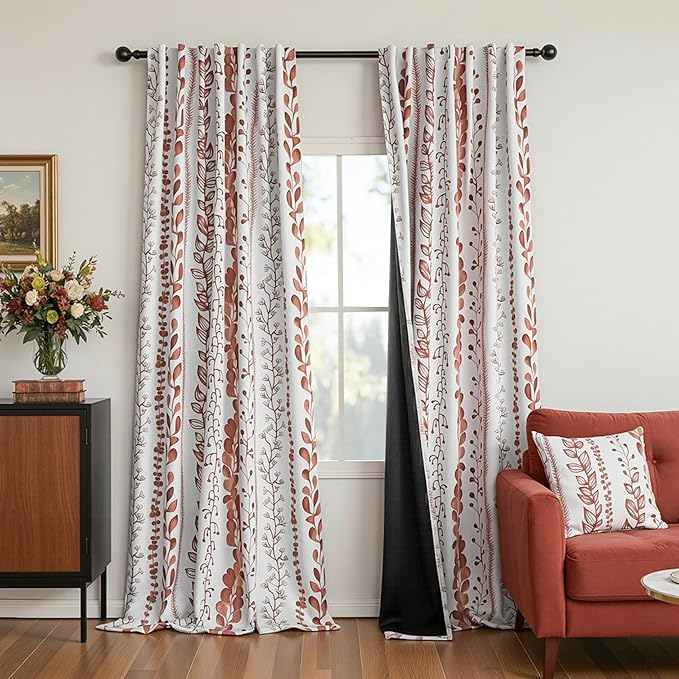 MEETSKY Boho Terracotta Blackout Curtains 72 Inches Long 2 Panels - Burnt Orange Curtains for Living Room Thermal Insulated Privacy Protection Rod Pocket Drapes, Leaf Print Window Treatment, 50" Wide