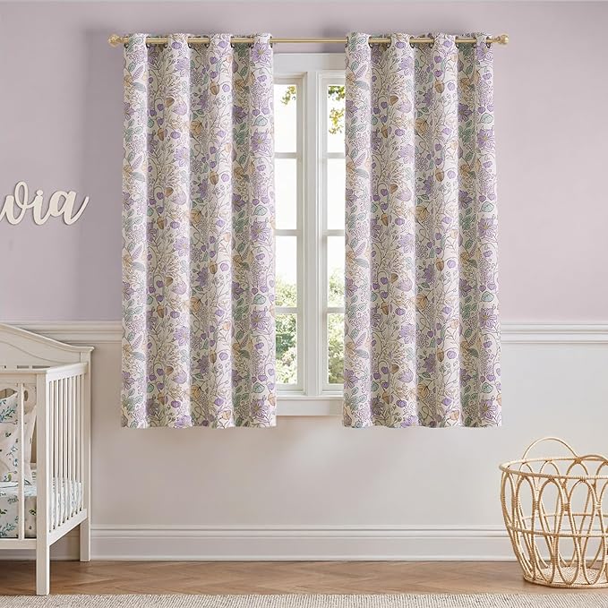 jinchan Nursery Curtains 95% Blackout Purple Floral Curtains for Girls Room, 63 Inch Length Farmhouse Drapes for Bedroom Living Room Darkening Window Treatment Grommet Top Set of 2 Panels