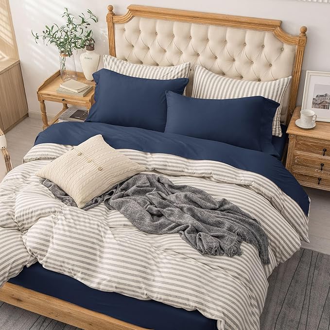 PURE ERA Jersey Knit 4pc Bed Sheet Set 100% T-Shirt Cotton Super Soft Comfy Breathable Fits Mattress Up to 20" Extra Deep Pocket (Solid Navy Blue, Queen)