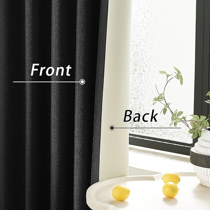 DUALIFE Black Linen Blackout Curtains 132 Inch Length 2 Panels Set Burg for Living Room Bedroom Back Tab Thermal Insulated 100% Black Out Linen Drapes 11 ft Window Curtains 132 Inches Long