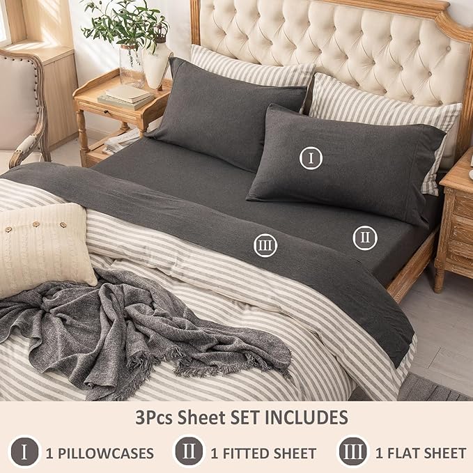 PURE ERA Jersey Knit 3pcs Bed Sheet Set 100% T-Shirt Heather Cotton Super Soft Comfy Breathable Fits Mattress Up to 20" Extra Deep Pocket (Charcoal Dark Grey,Twin XL)