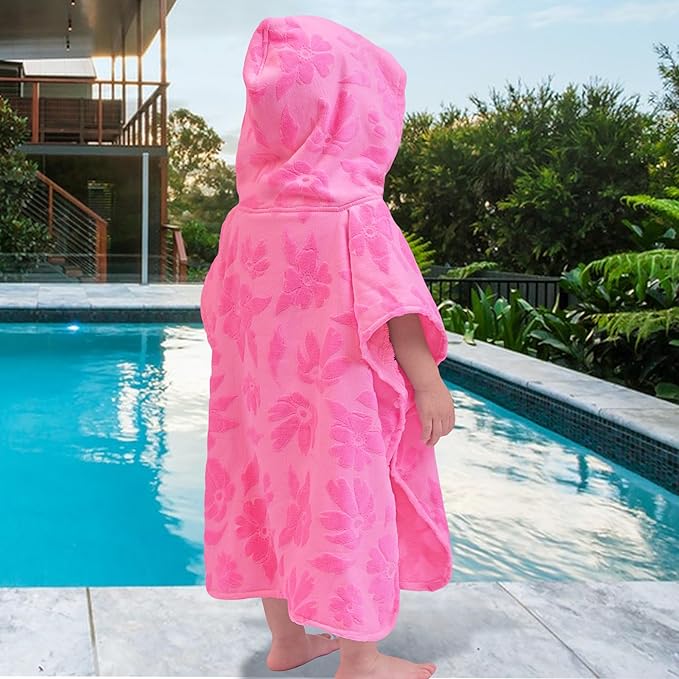 Toddler Bath Towels with Hood, Oversized (2-4Years,22"X22") Made from 100% Soft Cotton,Absorbent Hooded Poncho Towel for Baby Girl,Perfect for Pool | Swimming | Bath | Beach,Jacquard Hot Pink Flower