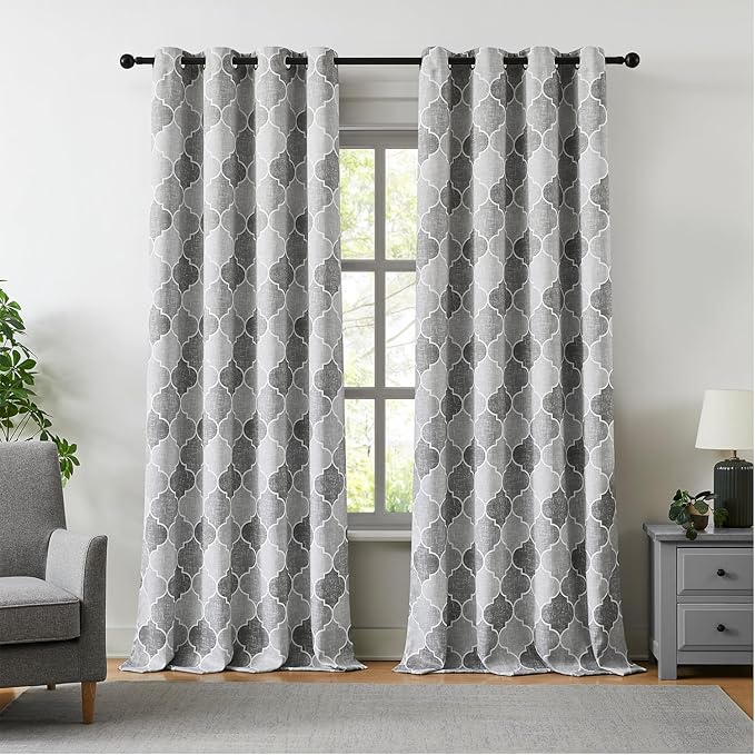 Grey 100% Blackout Curtains 95 Inches Long for Living Room Bedroom Moroccan Trellis Print Window Treatments Panels Room Darkening Thermal Insulate Privacy Grommet Drapes, 52x95, 2 Panels