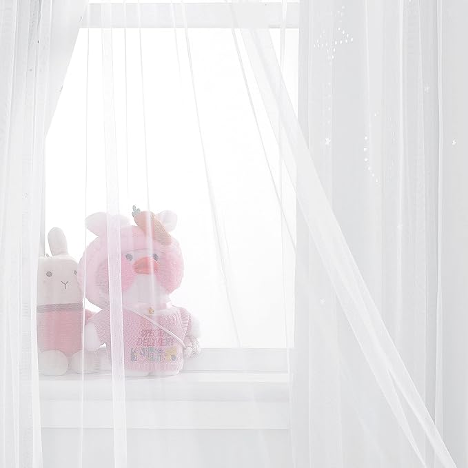 NICETOWN Double Layered Stars and Moon Cut Out Blackout and Sheer Window Curtain Panel for Girls Bedroom, Grommet Window Treatment Drapes for Christmas Decor, 2 Panels, 52W x 63L, Greyish White