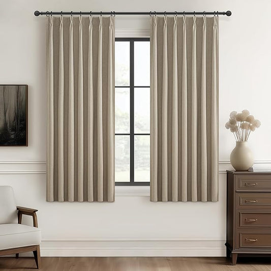 GreyBeige Black Out 54 Inches Long Boho Small Curtains 2 Panels Set, Farmhouse Short Curtain for Bedroom/Bathroom/Kitchen Thermal Insulated Flax Linen Pinch Pleated Bay Window Drapes (40"Wx54"L)