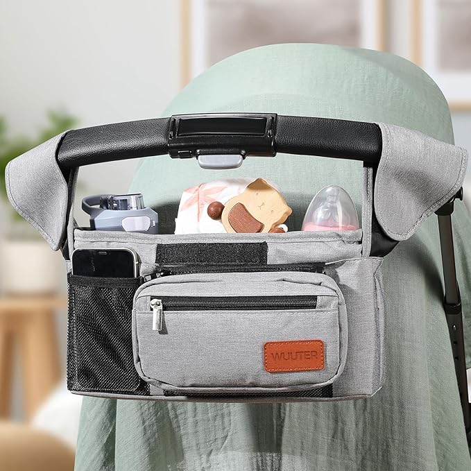 Stroller Organizer with Cup Holder Detachable Wristlet Large Capacity Baby Stroller Bag for Mom, Fits Uppababy, Baby Jogger, Britax, BOB, More (Grey)