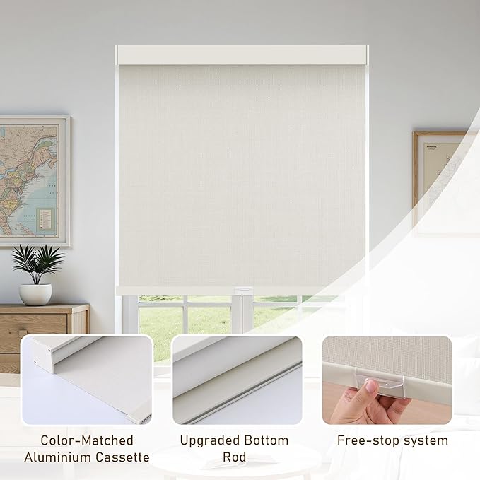 AOSKY Linen Roller Blinds Shades for Indoor Windows Pull Down Cordless Blackout Black Out Window Shade 34 Inch Blinds for Home Beige