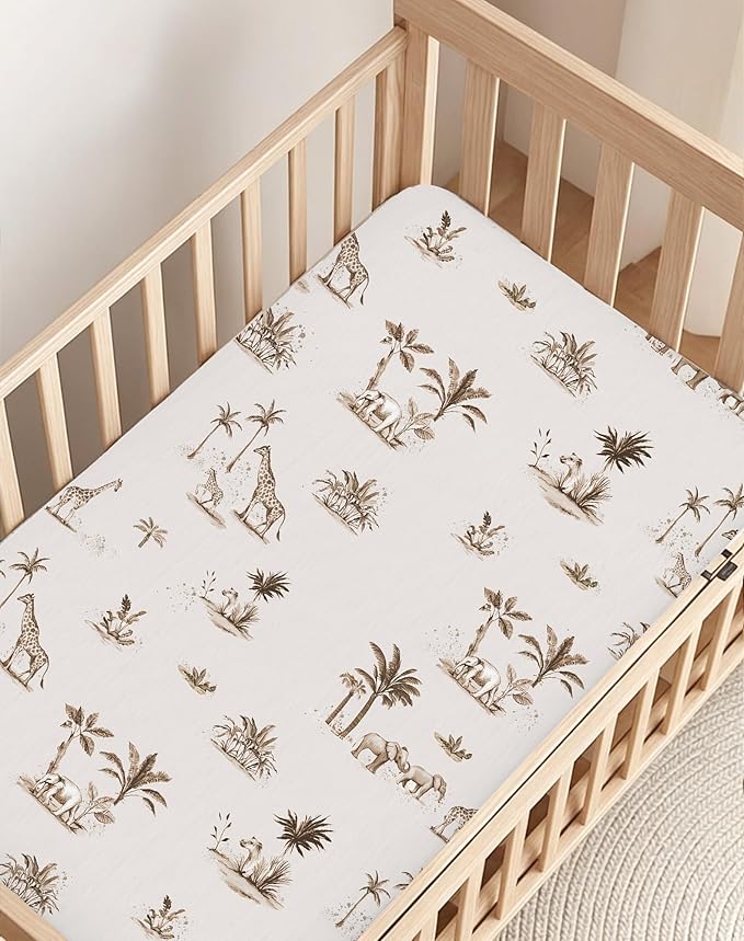 Pack and Play Sheets 2 Pack, Fitted Jersey Knit Mini Crib Sheets for Baby Boys and Girls, Compatible with Graco Pack N Play and Mini Crib Mattress (Safari Dreams, Pack N Play/Mini Crib Sheets)