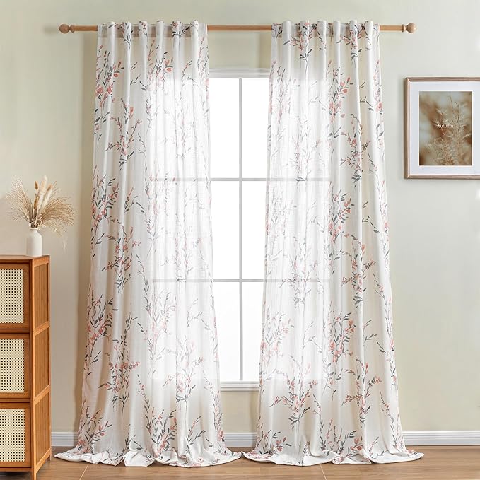 MYSKY HOME 108 Inches Long Ceiling Curtains Sheer Linen Blend Window Curtain for Living Room Light Filtering Privacy Assured Floral Farmhouse Drapes for Home Decor, Wide 50 by Long 108, Coral, 2 Pcs