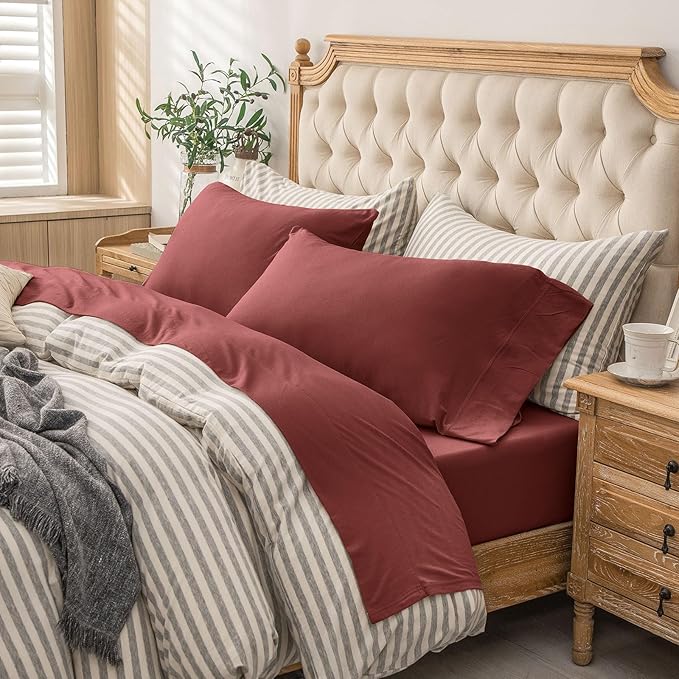 PURE ERA Jersey Knit 4pc Bed Sheet Set 100% T-Shirt Cotton Super Soft Comfy Breathable Fits Mattress Up to 20" Extra Deep Pocket (Solid Brick Red, Queen)