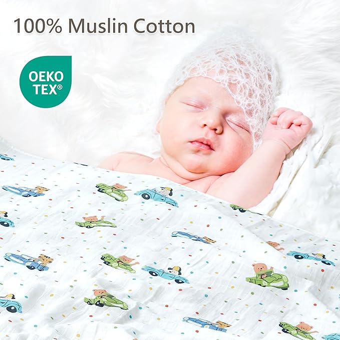4-Pack 100% Cotton Muslin Swaddle Blankets, Large 47 x 47 Inches — Breathable Soft Receiving Blankets for Newborns, Swaddling Wraps, Registry Gift (Construction Car Adventure)