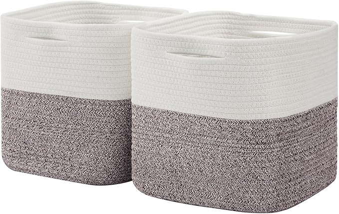Cube Storage Bin 11" x 10.5" x 10.5" Cotton Rope Basket Square Woven Storage Basket for Shelves, Closet Organizer, Soft Towel Sock Basket, White/Brown, 2 Pack