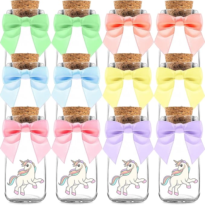 Ethisa 12 Pack Unicorn Party Favor Glass Bottles with Pastel Ribbons - Vintage Birthday Unicorn Party Favors for Girls and Table Centerpieces Decorations - Sturdy Rainbow Theme Candy Jar