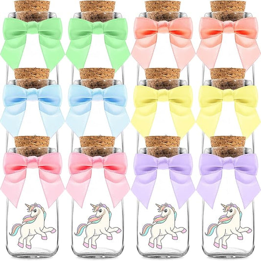 Ethisa 12 Pack Unicorn Party Favor Glass Bottles with Pastel Ribbons - Vintage Birthday Unicorn Party Favors for Girls and Table Centerpieces Decorations - Sturdy Rainbow Theme Candy Jar