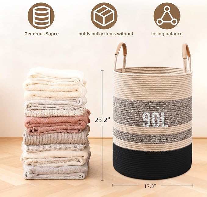 90L Striped Laundry Basket, Brown & Black Laundry Hamper with Leather Handles, Woven Cotton Rope Storage Bin for Blankets, Nursery Hamper for Clothes, Toys In Bathroom, Livingroom, Bedroom