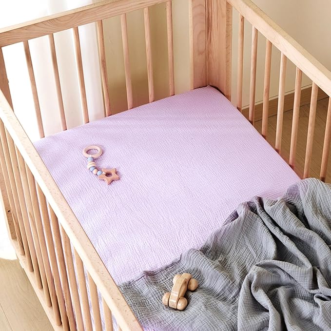 TILLYOU 2 Pack Muslin Crib Sheets for Boys and Girls, 100% Cotton Fitted Crib Sheet for Toddler 52x28 Standard Crib Mattress, Grey and Purple