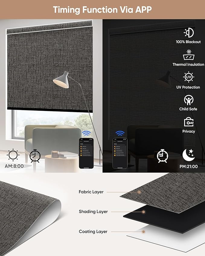 Kincmo Motorized Blinds with Remote,100% Blackout Motorized Roller Shades Work with Apple Homekit,Alexa,Google, Custom Electric Blinds with App,Voice Control (Classic Shadow)