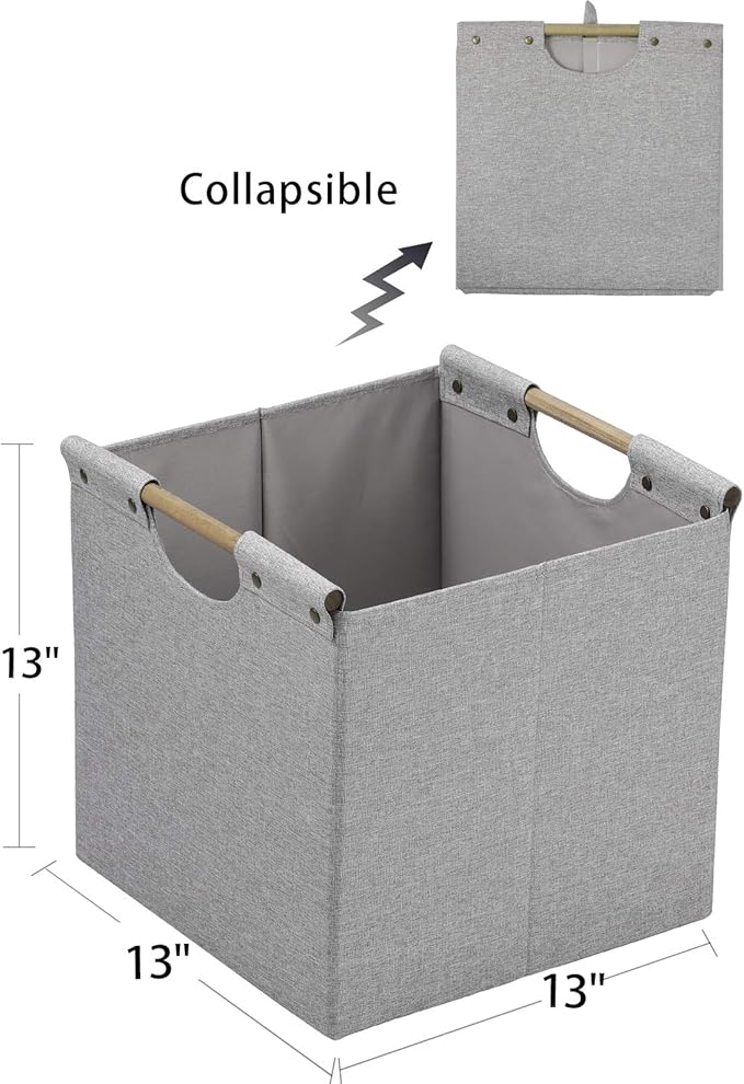 HOONEX Collapsible Storage Bins, 13x13x13in Storage Cubes Linen Fabric, 3 Pack, Storage Baskets with Wooden Carry Handles and Sturdy Heavy Cardboard, for Home, Office, Car, Nursery, Light Grey