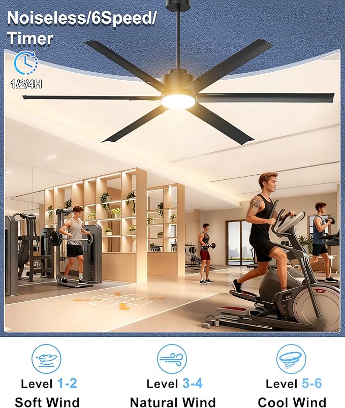 JAYNLT 72 Inch Ceiling Fan with Light,High CFM Industrial LED Fan Lights with 6 Aluminium Blades,Remote Control, Air Reversible 6 Speed 3 Colors Noiseless DC Motor for Porch,Garage