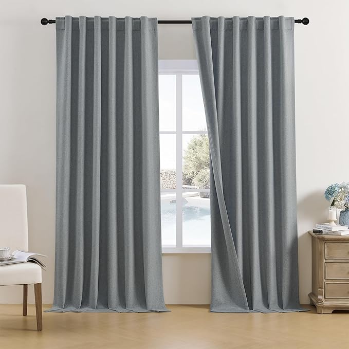 DUALIFE Blackout Linen Curtains 108 Inch Long Window Treatments Blinds Thermal Insulated Drapes Rod Pocket/Back Tab Curtains Home D閏or for Living Room 2 Panels, Charcoal Gray, 52 x 108 Inch 9 FT Tall