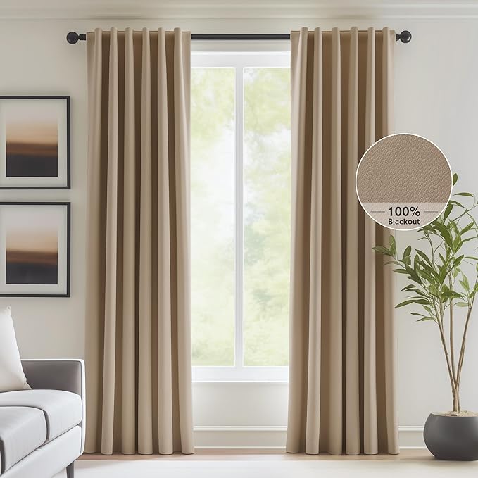 FMFUNCTEX 100% Blackout Curtains for Bedroom, Brown Back Tab Curtain 96 Inches Long Drapery Thermal Insulated Curtains for Living Room, Black Out Drapes Rod Pocket Room Darkening 2 Panels