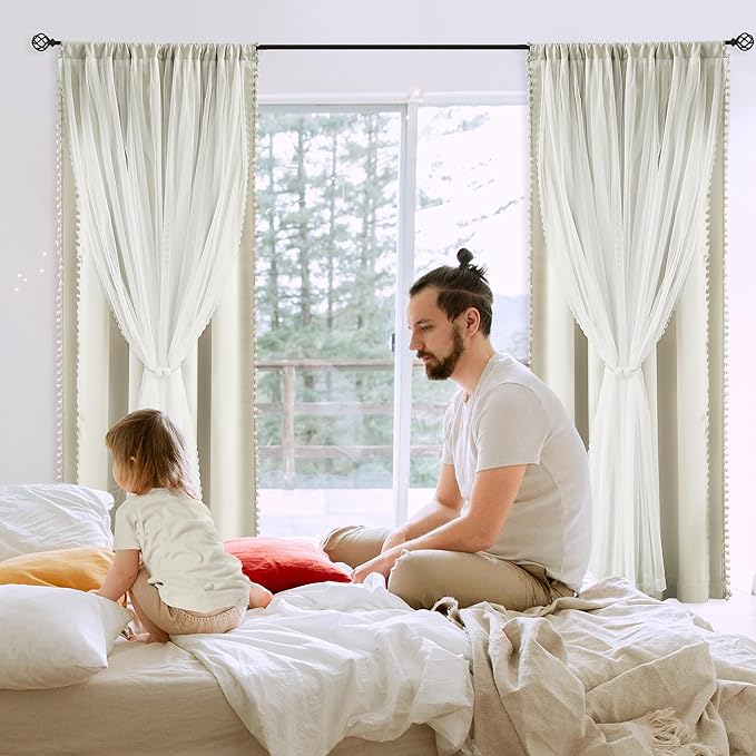 Pom-Pom Blackout Curtains with Sheer Overlay for Bedroom 84"L Ivory Mix and Match Double Layer Blackout Curtains for Living Room Nursery Kid's Room Drapes with Tiebacks Rod Pocket 52" W x2 Natural