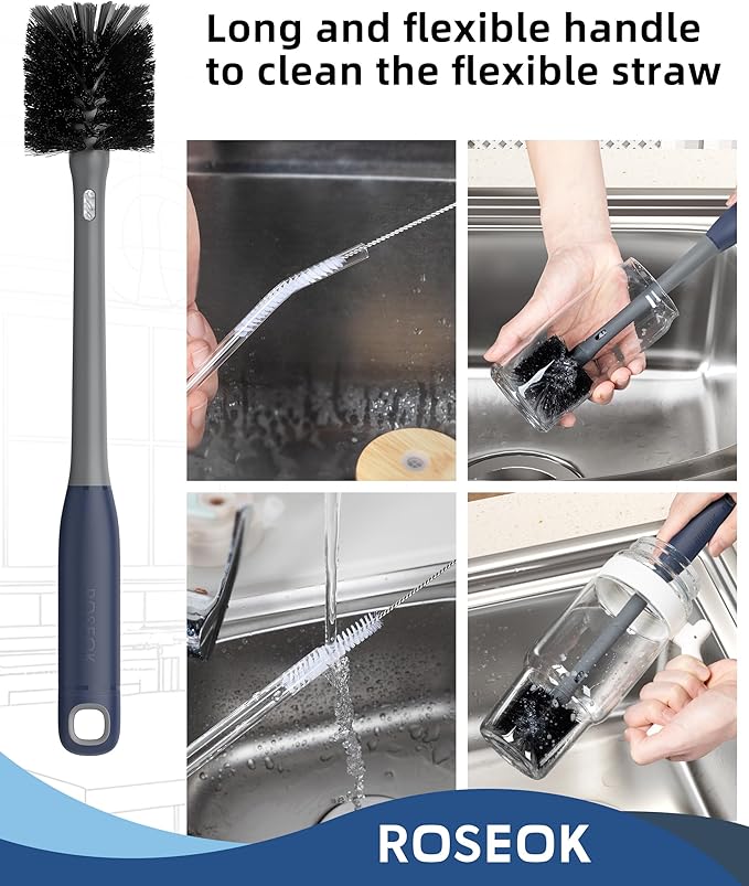ROSEOK 2 in 1 Long Handle Bottle Brush with Straw Brush for Cleaning Glass, Sports Bottle, Coffee Mug, Gray, 1 Pack