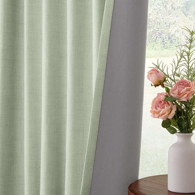INOVADAY 100% Blackout Curtains for Bedroom, Black Out Curtains 102 Inch Long, Clip Rings Linen Blackout Drapes, Thermal Insulated Room Darkening for Living Room, 2 Panels - Sage,W50xL102