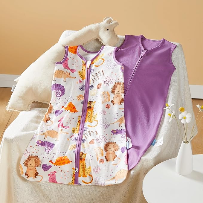 TILLYOU 2 Pack Baby Sleep Sack 18-24 Months 100% Cotton Wearable Blanket 0.5 TOG Sleeveless Summer Sleep Sacks with 2-Way Zipper, Animal Graffiti & Purple