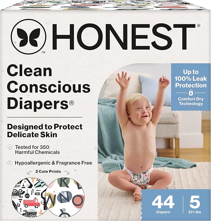 The Honest Company Comfort Dry Disposable Diapers for Sensitive Skin, Hypoallergenic, Fragrance-Free, Big Trucks + All The Letters, Club Box, Size 5 (27 lbs), 44 Count