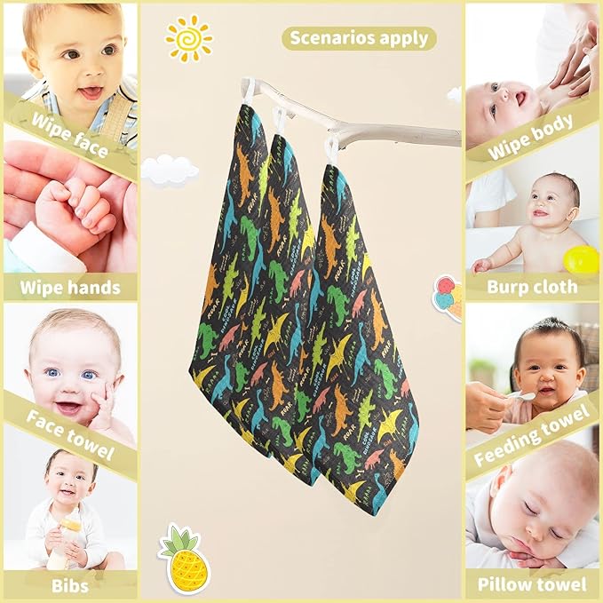 vvfelixl Baby Washcloths Cotton Colored Dino Dinosaurs Baby Muslin Washcloths Soft Baby Face Towel for Newborn Infants, 11.8 X 11.8 Inch, 5 Pack Black