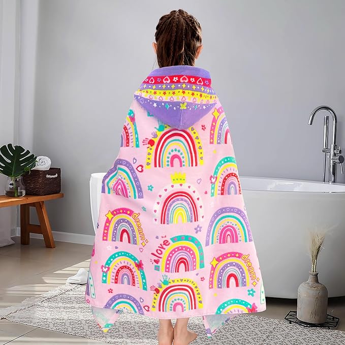 VOOVA & MOVAS Hooded Towels for Kid 3-8Years, 30''X50, Soft | Thick | 100% Cotton | Absorbent Towel Wrap for Girls, Perfect for Toddler Beach, Pool, Bath, Swimming,Rainbow