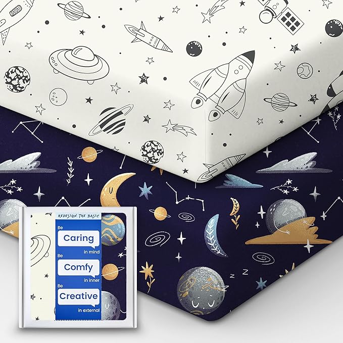 TOTBASIC Crib Sheet for Boy Girl, Premium Soft Jersey Knit Fitted Crib Sheet, Safe and Snug, Durable, Stylish Crib Sheet, 28''x52''x9'' Extra Deep Pocket, Night Space