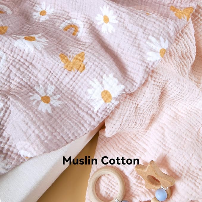 TILLYOU 2 Pack Muslin Crib Sheets for Boys and Girls, 100% Cotton Fitted Crib Sheet for Toddler 52x28 Standard Crib Mattress, Pink Butterfly