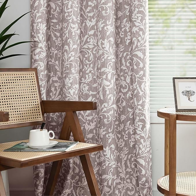 jinchan Blackout Curtains for Bedroom, Taupe Grey Scroll Floral Patterned Curtains 72 Inch Length for Living Room, Vintage Art Deco Drapes, Thermal Insulated Window Curtains Grommet 2 Panels